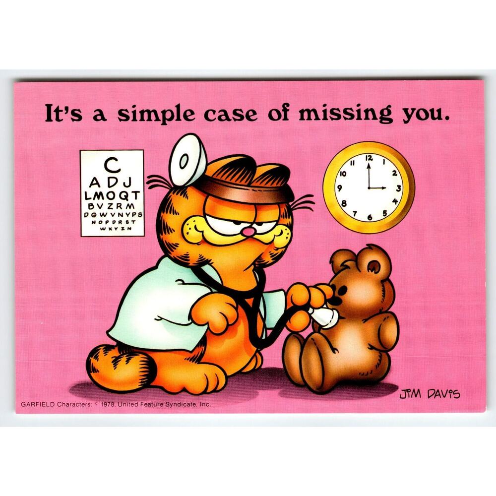 Garfield Cat Postcard Doctor Missing You Bear Jim Davis 1978 Unused Comic Art